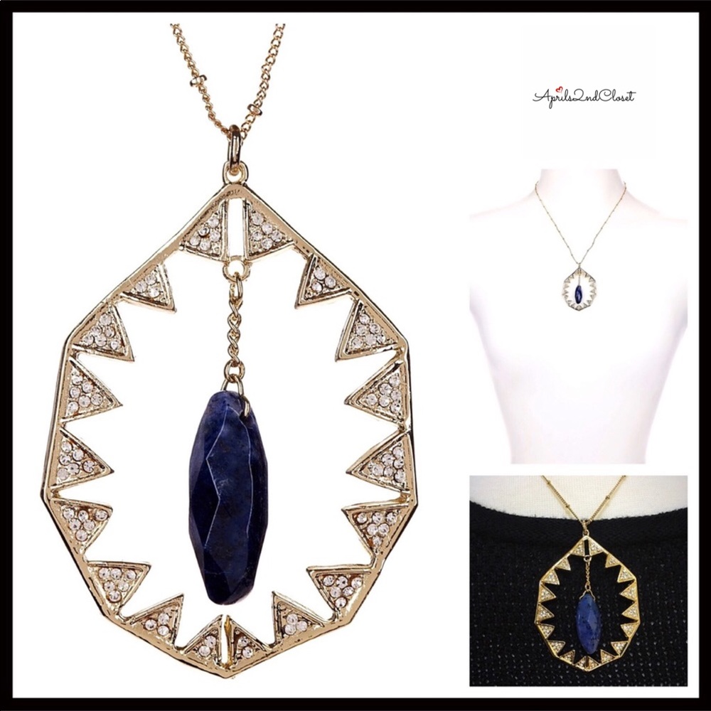 SWAROVSKI PAVE CRYSTAL LAPIS STONE LONG NECKLACE - Picture 2 of 8